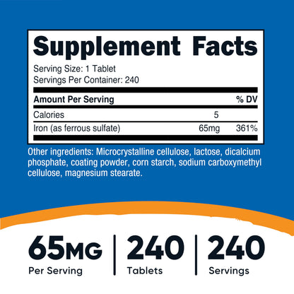 Nutricost Iron (As Ferrous Sulate) 65mg, 240 Tablets – Non-GMO, Gluten Free