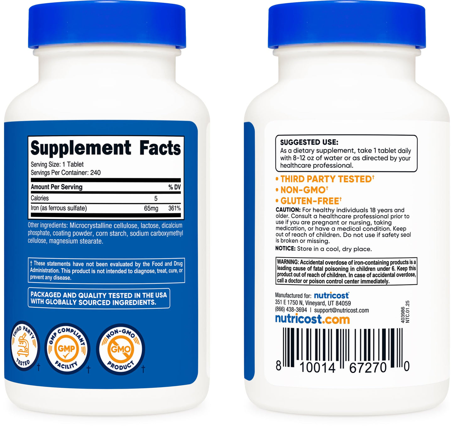 Nutricost Iron (As Ferrous Sulate) 65mg, 240 Tablets – Non-GMO, Gluten Free