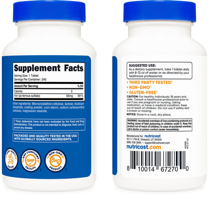 Nutricost Iron (As Ferrous Sulate) 65mg, 240 Tablets – Non-GMO, Gluten Free
