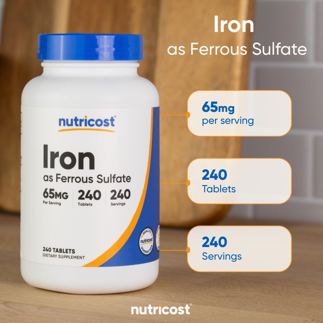 Nutricost Iron (As Ferrous Sulate) 65mg, 240 Tablets – Non-GMO, Gluten Free