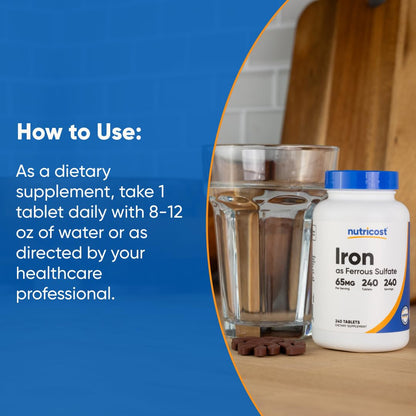 Nutricost Iron (As Ferrous Sulate) 65mg, 240 Tablets – Non-GMO, Gluten Free