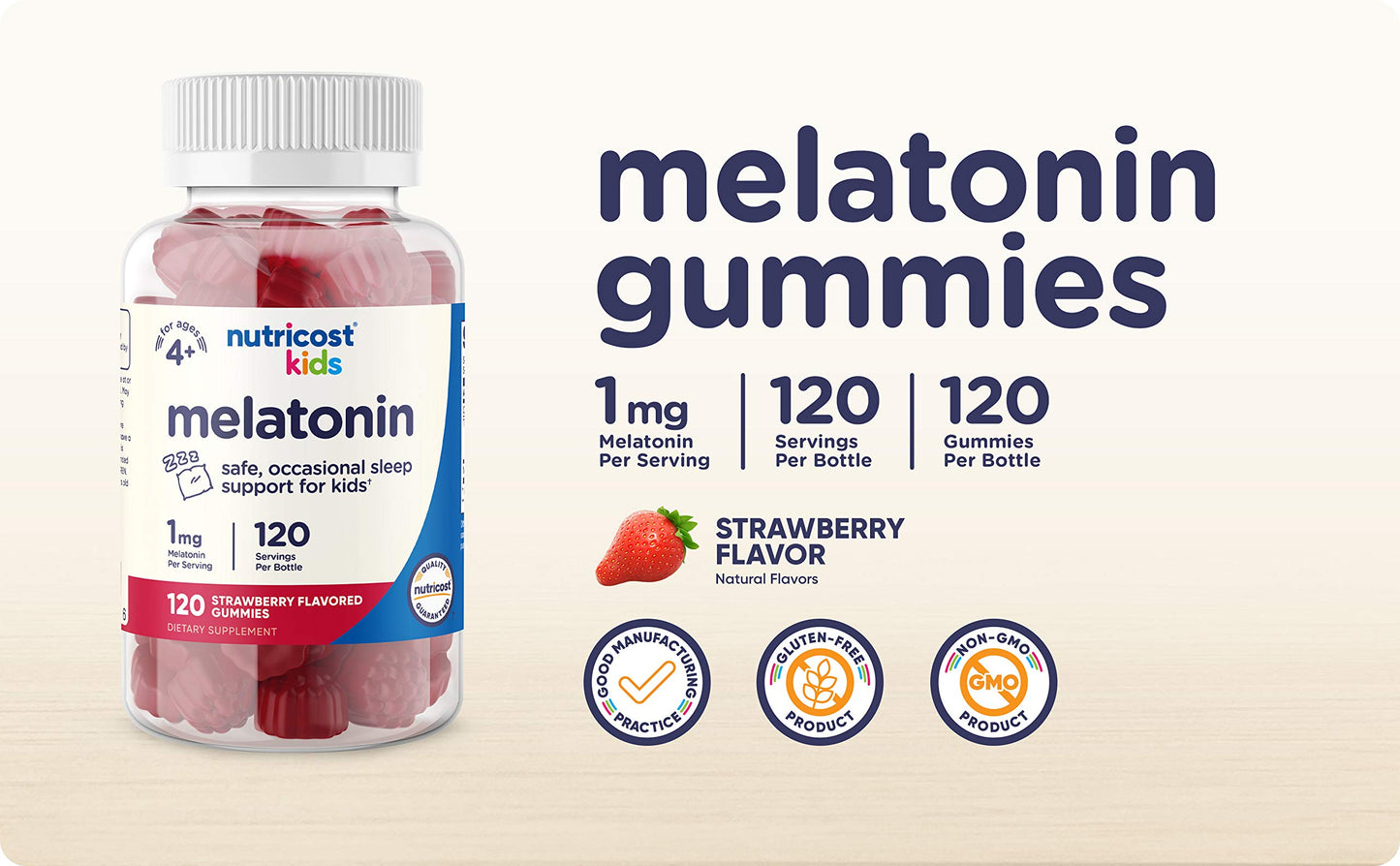 Nutricost Kids Melatonin Gummies 1mg - 120 Gummies Strawberry Flavor (Pack of 2)