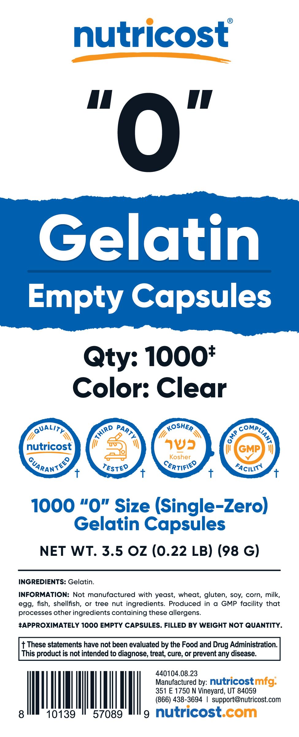 Nutricost Size 0 Empty Gelatin Capsules – 1,000 Clear, Kosher, Non-GMO