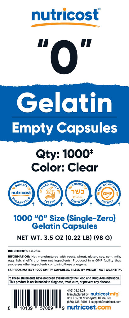 Nutricost Size 0 Empty Gelatin Capsules – 1,000 Clear, Kosher, Non-GMO