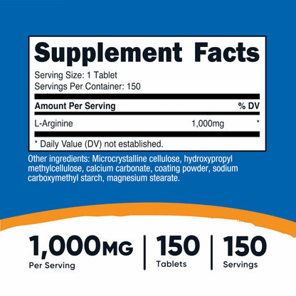 Nutricost L-Arginine 1000mg – Amino Acid Tablets (150 Count)