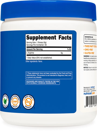 Nutricost L-Arginine (250 Grams) - Pure L-Arginine Powder - 5000mg Per Serving; 50 Servings