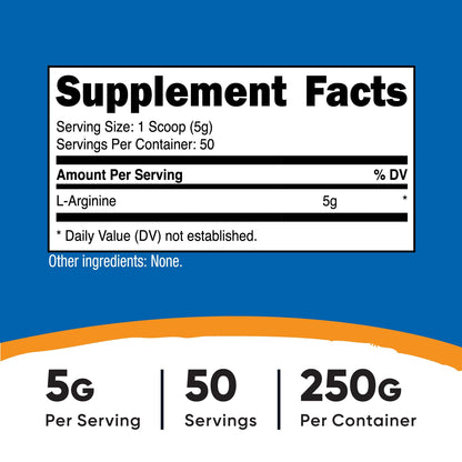 Nutricost L-Arginine (250 Grams) - Pure L-Arginine Powder - 5000mg Per Serving; 50 Servings