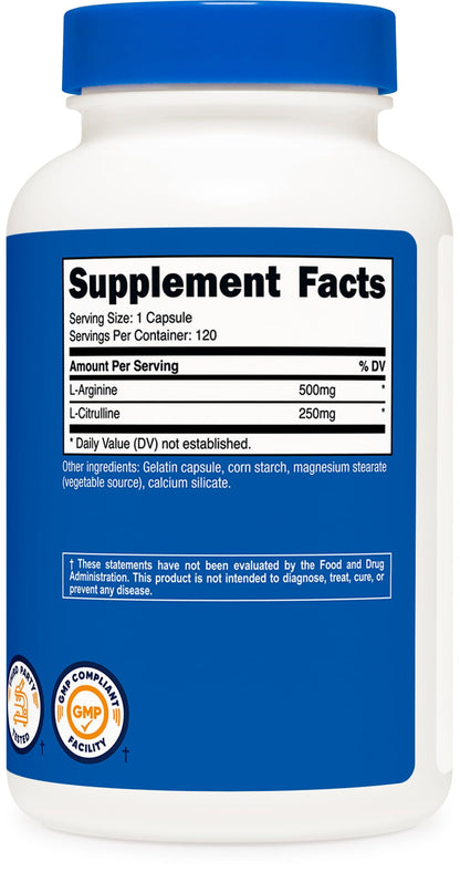 Nutricost L-Arginine L-Citrulline Complex 750mg - 120 Capsules | Non-GMO