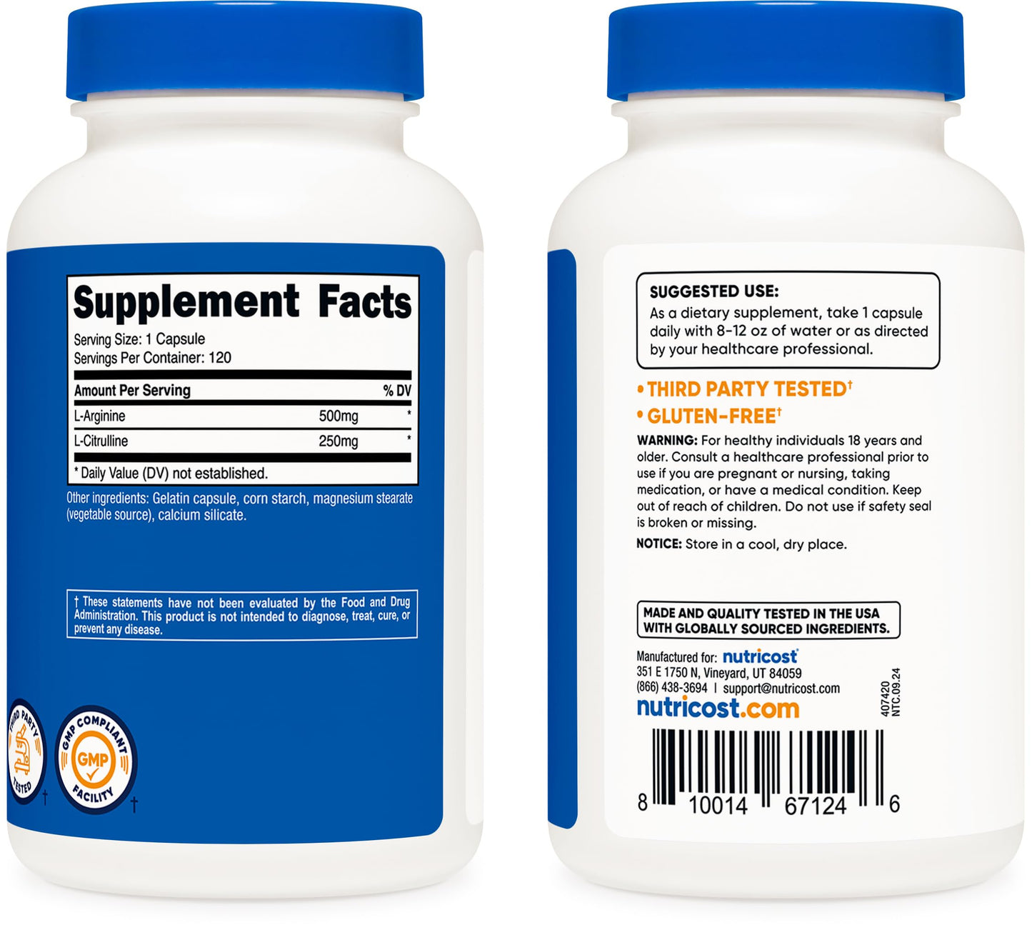 Nutricost L-Arginine L-Citrulline Complex 750mg - 120 Capsules | Non-GMO