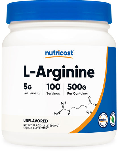 Nutricost L-Arginine Powder 500g (1.1lbs) – 5g Per Serving, 100 Servings