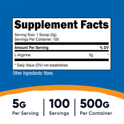 Nutricost L-Arginine Powder 500g (1.1lbs) – 5g Per Serving, 100 Servings