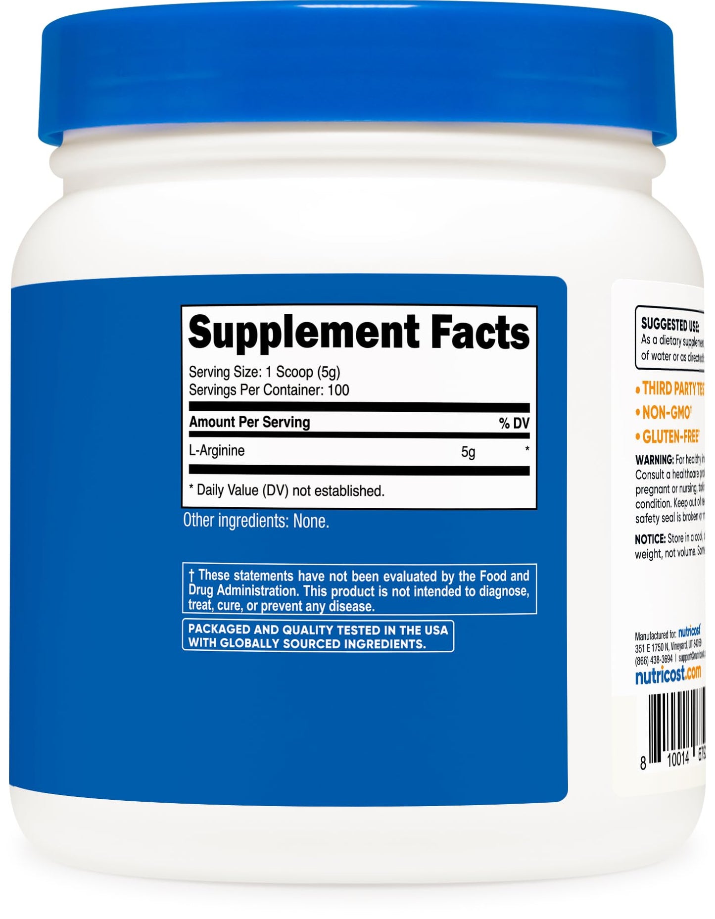 Nutricost L-Arginine Powder 500g (1.1lbs) – 5g Per Serving, 100 Servings