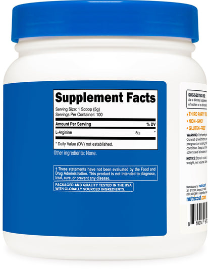 Nutricost L-Arginine Powder 500g (1.1lbs) – 5g Per Serving, 100 Servings