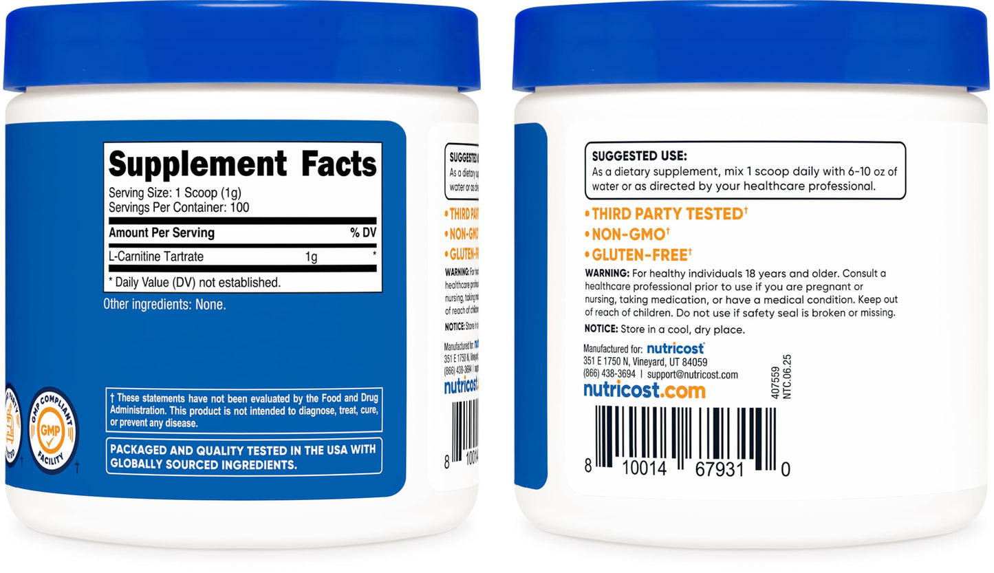 Nutricost L-Carnitine Tartrate Powder 100 g - 1 g per Serving, 100 Servings