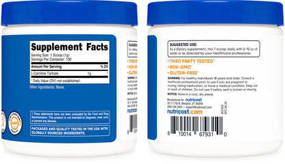 Nutricost L-Carnitine Tartrate Powder 100 g - 1 g per Serving, 100 Servings