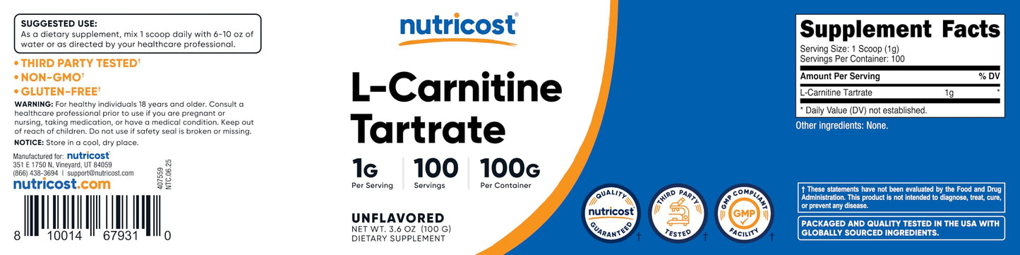 Nutricost L-Carnitine Tartrate Powder 100 g - 1 g per Serving, 100 Servings
