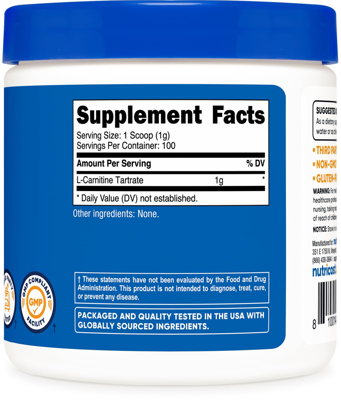 Nutricost L-Carnitine Tartrate Powder 100 g - 1 g per Serving, 100 Servings