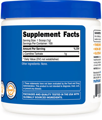 Nutricost L-Carnitine Tartrate Powder 100 g - 1 g per Serving, 100 Servings