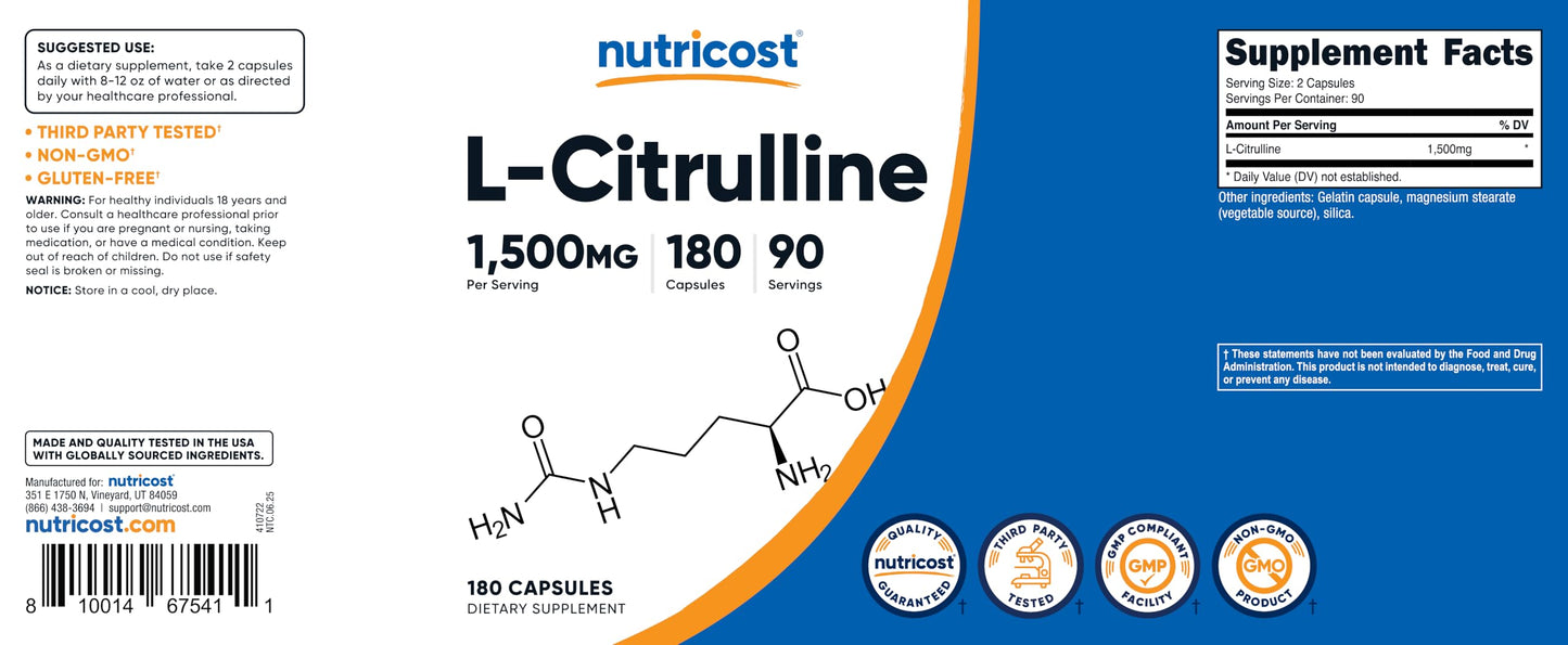 Nutricost L-Citrulline 1500mg – 180 Capsules | 750mg/Cap | Gluten Free, Non-GMO | Packaging May Vary