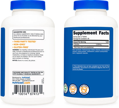 Nutricost L-Citrulline 2500 mg per Serving – 120 Tablets, 2-Pack (Non-GMO & Gluten Free) | GMP & FDA Registered