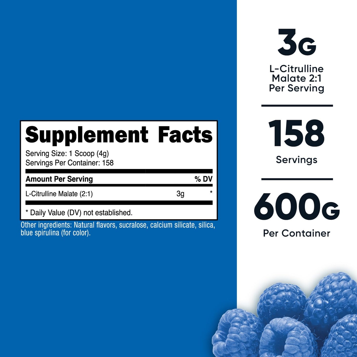 Nutricost L-Citrulline Malate 2:1 (600g) Blue Raspberry – 3g per Serving, 171 Servings | 30-Day Guarantee
