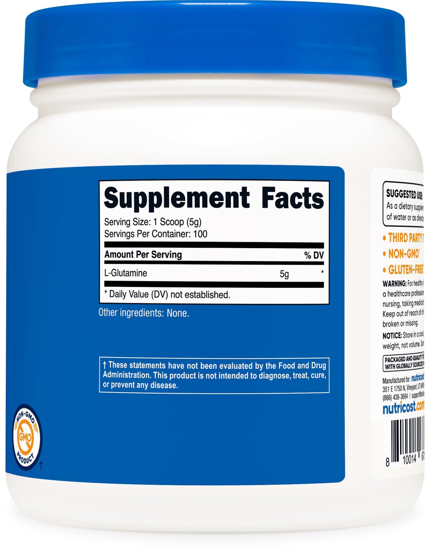 Nutricost L-Glutamine Powder (500g) - Unflavored, Gluten Free & Non-GMO | 100 Servings
