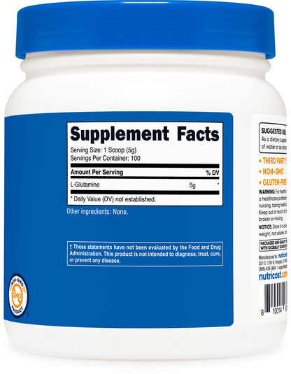 Nutricost L-Glutamine Powder (500g) - Unflavored, Gluten Free & Non-GMO | 100 Servings