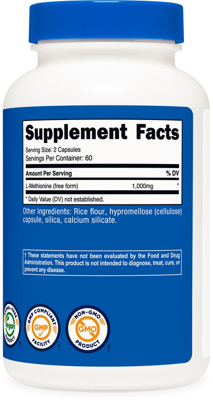 Nutricost L-Methionine 1000 mg - 120 Capsules | 60 Servings | Gluten-Free, GMO-Free