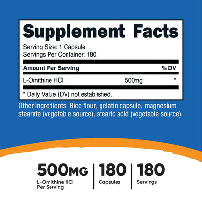 Nutricost L-Ornithine 500mg - 180 Capsules | Non-GMO & Gluten Free