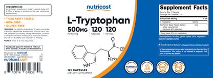 Nutricost L-Tryptophan 500mg, 120 Capsules - with BioPerine, Gluten Free, Non-GMO