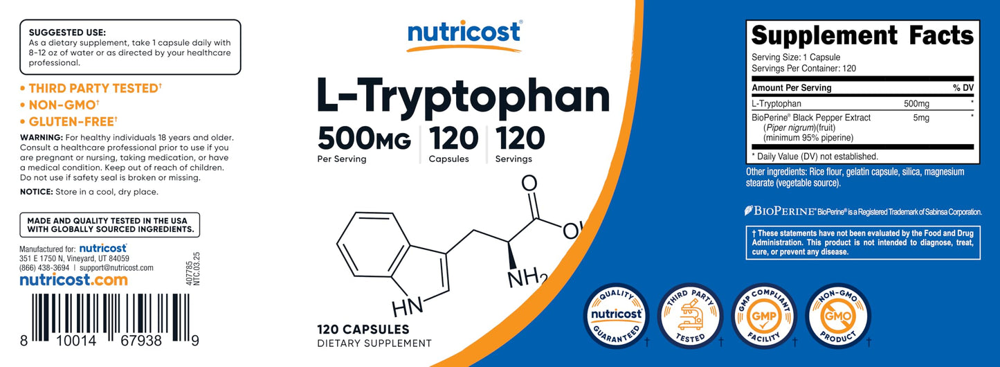 Nutricost L-Tryptophan 500mg – 120 Capsules per Bottle, with BioPerine, Gluten Free, Non-GMO (Pack of 2)