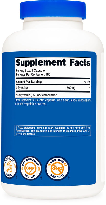 Nutricost L-Tyrosine 500mg, 180 Capsules - Gluten Free & Non-GMO