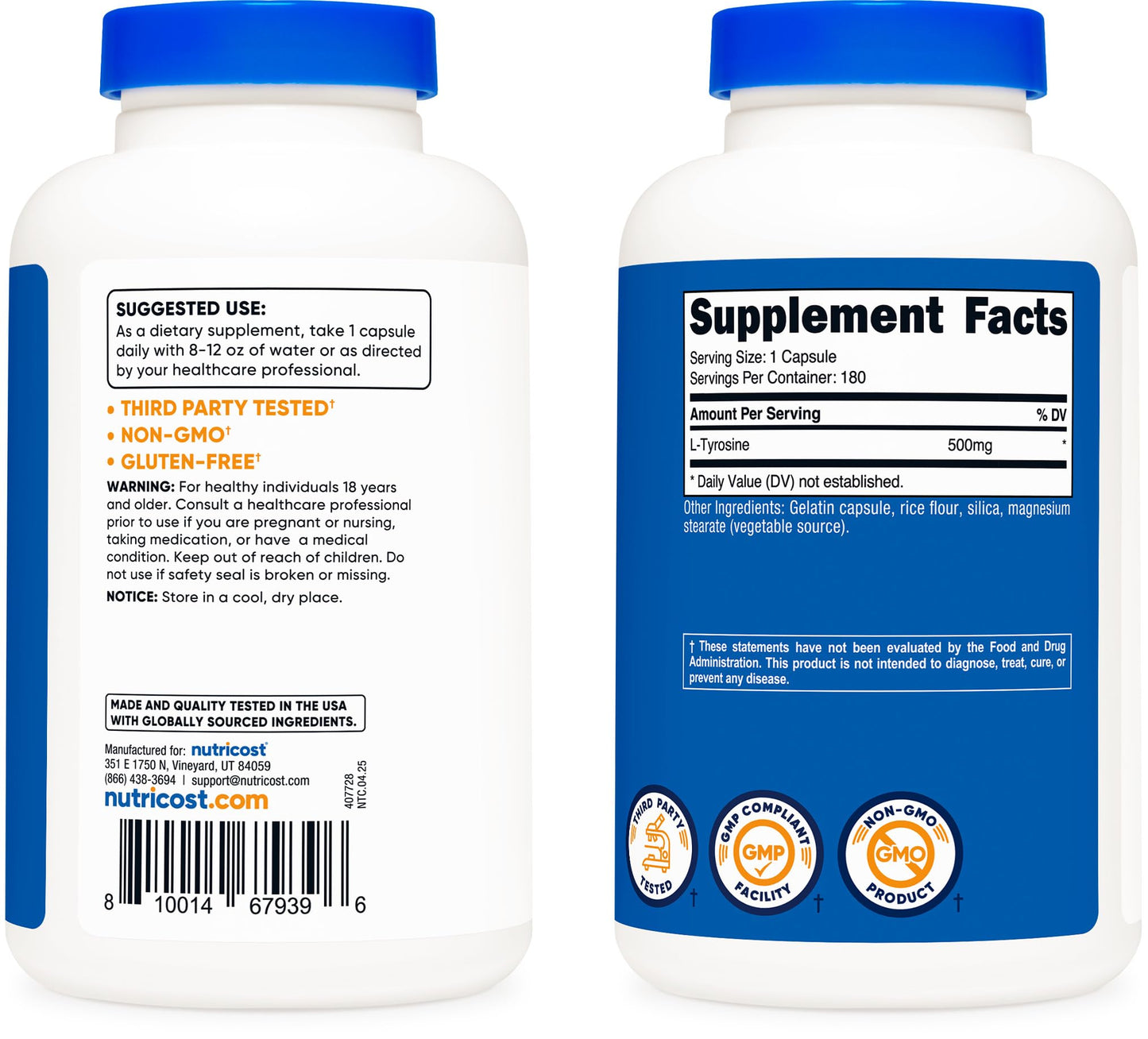 Nutricost L-Tyrosine 500mg, 180 Capsules - Gluten Free & Non-GMO