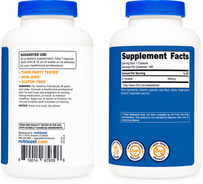 Nutricost L-Tyrosine 500mg, 180 Capsules - Gluten Free & Non-GMO
