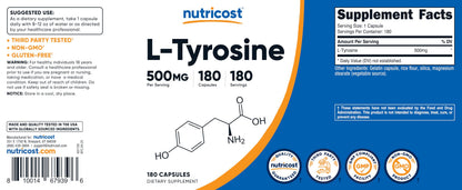 Nutricost L-Tyrosine 500mg, 180 Capsules - Gluten Free & Non-GMO
