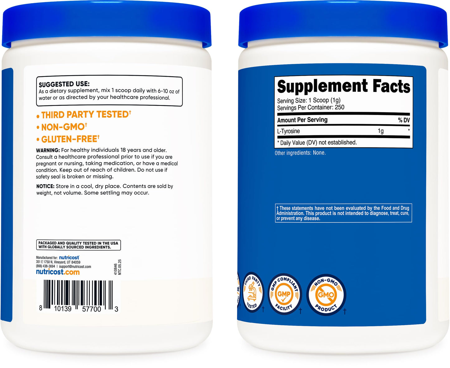 Nutricost L-Tyrosine Powder 250g – Pure L-Tyrosine 1000mg per Serving
