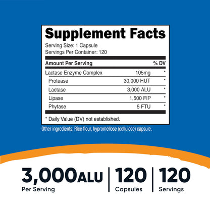 Nutricost Lactase Enzyme Complex 3,000 FCC ALU – 120 Veg Capsules, Non-GMO, Gluten Free