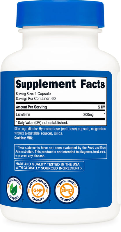 Nutricost Lactoferrin Capsules – 60 Servings (300mg) | Gluten-Free, Vegetarian, GMP-Certified