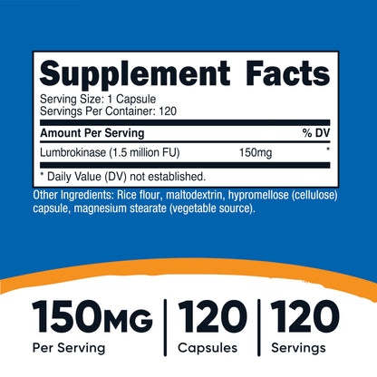 Nutricost Lumbrokinase Capsules 150 mg (120 Capsules) - Gluten-Free, Vegan, GMO-Free