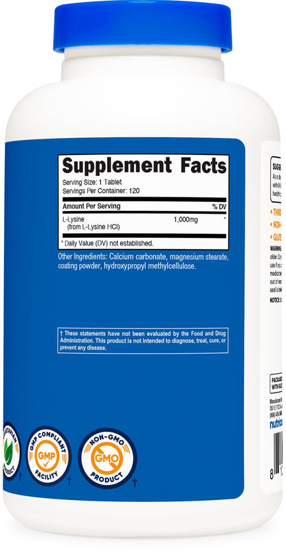Nutricost L-Lysine 1000mg – 120 Tablets | Gluten Free, Non-GMO, Vegetarian