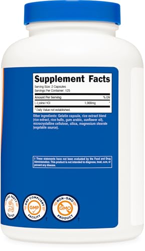 Nutricost L-Lysine 1000mg | 250 Capsules | 500mg per Capsule | Gluten Free & Non-GMO