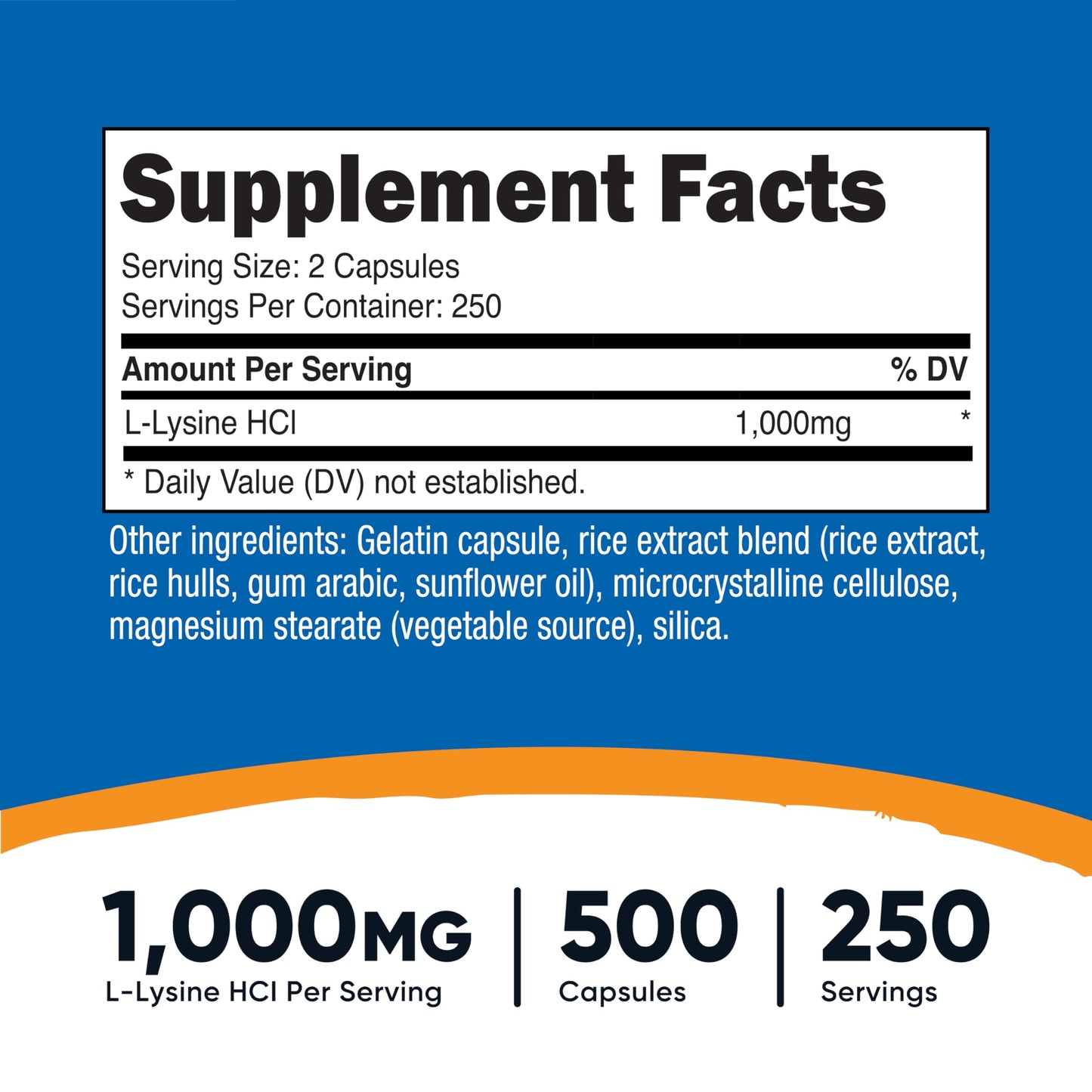 Nutricost L-Lysine 1000mg per Serving – 250 Servings, 500 Capsules – Gluten Free & Non-GMO