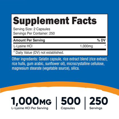 Nutricost L-Lysine 1000mg per Serving – 250 Servings, 500 Capsules – Gluten Free & Non-GMO