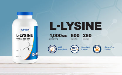 Nutricost L-Lysine 1000mg per Serving – 250 Servings, 500 Capsules – Gluten Free & Non-GMO