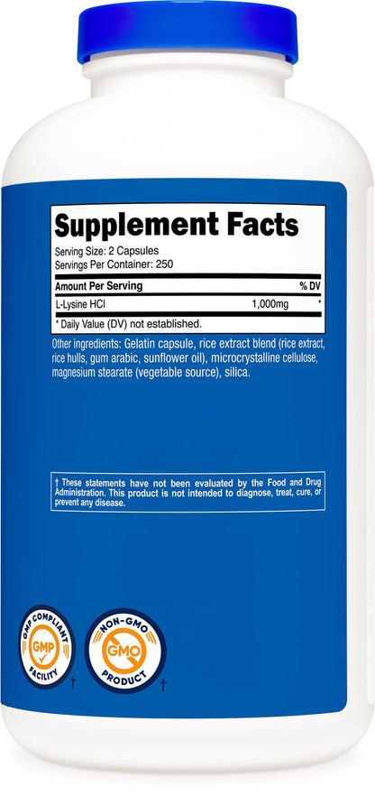 Nutricost L-Lysine 1000mg per Serving – 250 Servings, 500 Capsules – Gluten Free & Non-GMO