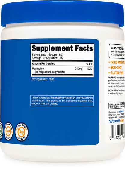 Nutricost Magnesium Bisglycinate Powder (Unflavored, 250g) – Non-GMO, Vegan