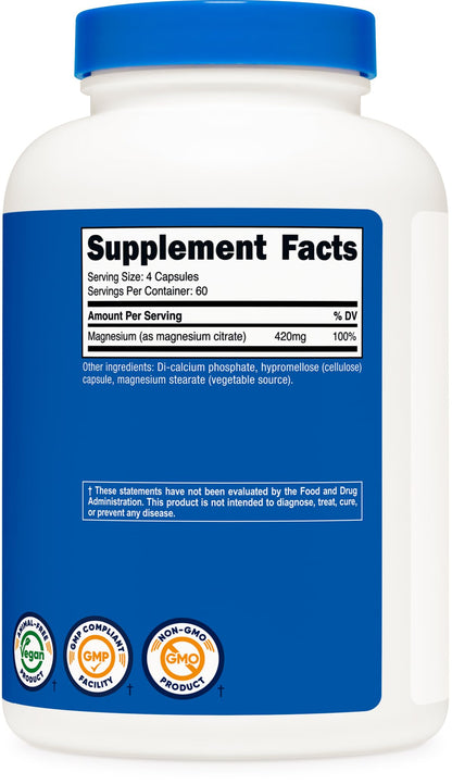 Nutricost Magnesium Citrate 420mg - 240 Veggie Capsules | Gluten Free & Non-GMO