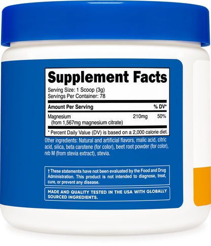 Nutricost Magnesium Citrate Powder – Peach Mango 250g | Non-GMO & Gluten Free