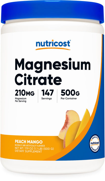 Nutricost Magnesium Citrate Powder Peach Mango 500 Gram – Non-GMO, Gluten Free, Made in USA