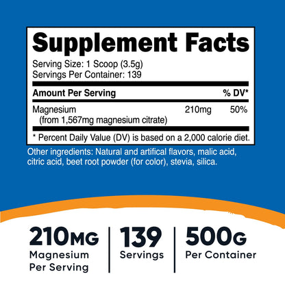 Nutricost Magnesium Citrate Powder Raspberry Lemonade 500g | Non-GMO, Gluten Free, Made in USA